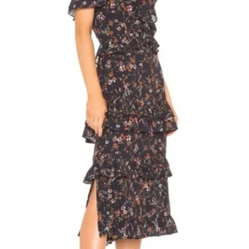 Tularosa Dark Floral Ruffle Midi Dress